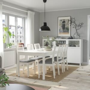 Alba Six – Table and 6 chairs, white white/Orrsta light grey, 120/180 cm