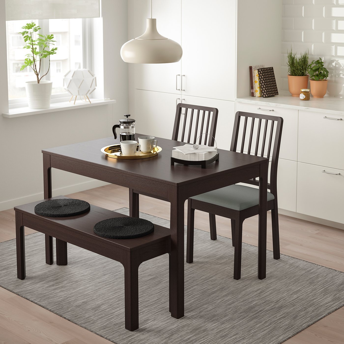 Stonebrew Bench Set – Table with 2 chairs and bench, dark brown/Orrsta light grey, 120/180 cm - Image 2
