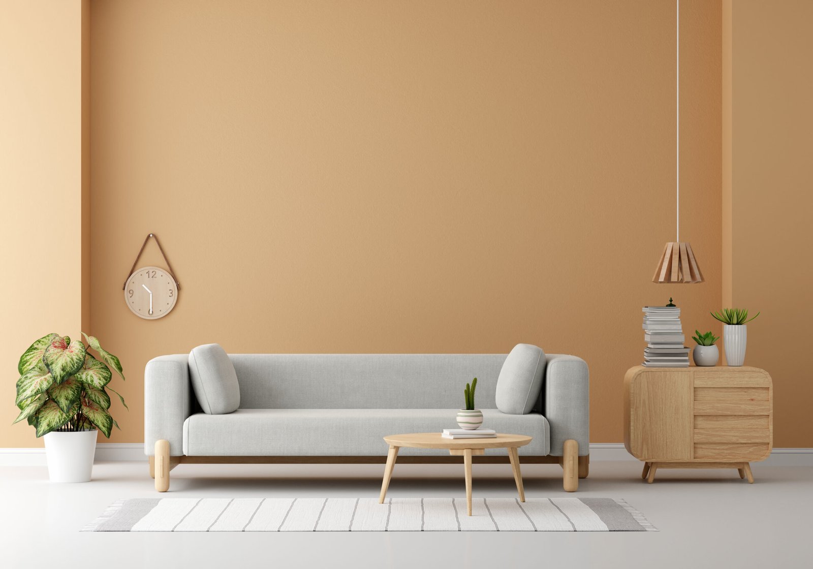Gray sofa in brown living room interior with copy space for mock up, 3D rendering